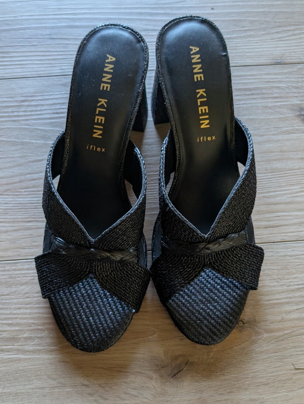 Anne Klein Black Woven Slide Mules with Chunky Heel